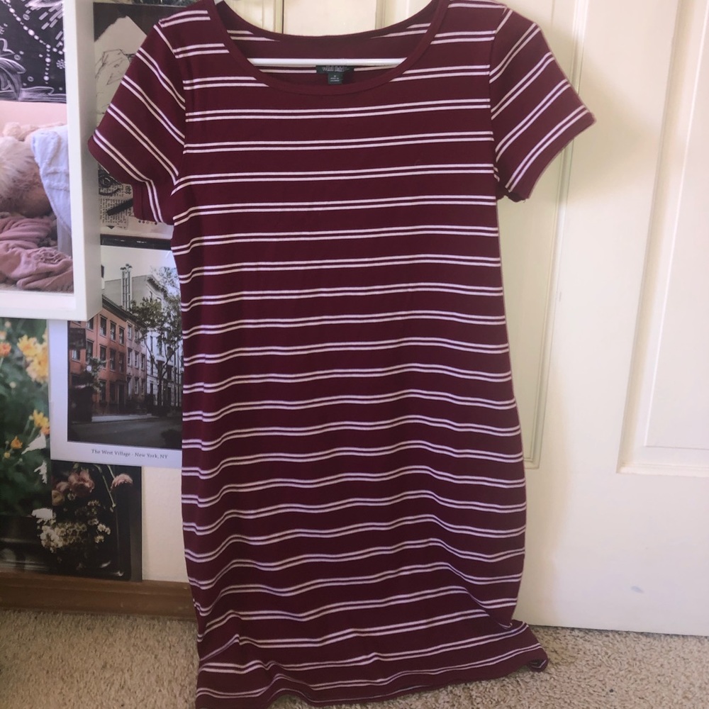maroon and white striped body con mid thigh dress